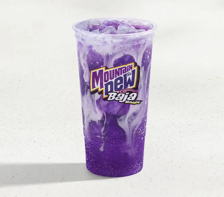Mountain Dew Baja Midnight Dirty Soda, as photographed by Taco Bell